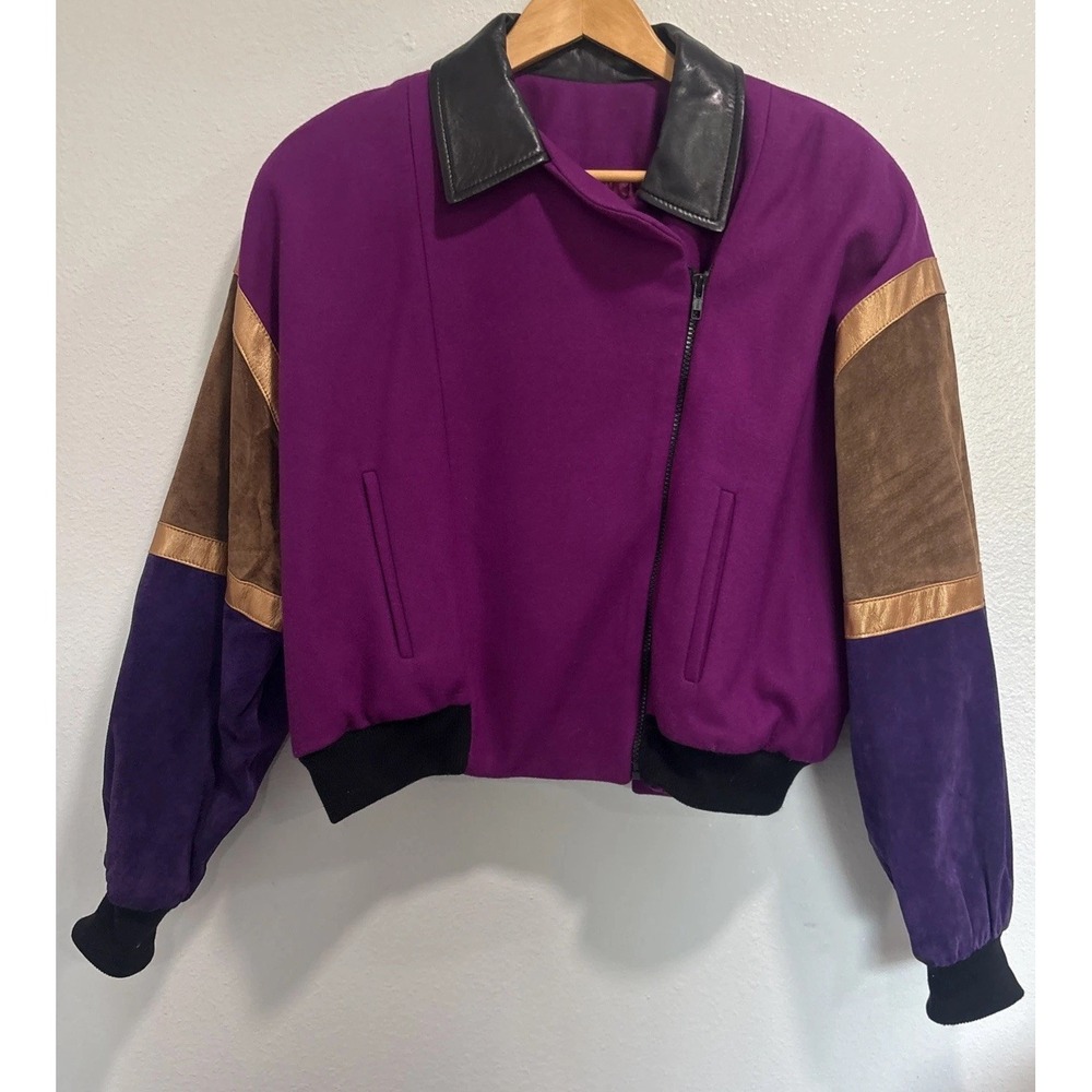 Vintage 80s SIENA Women Purple Multicolor Leather Suede Wool Bomber Jacket SZ L